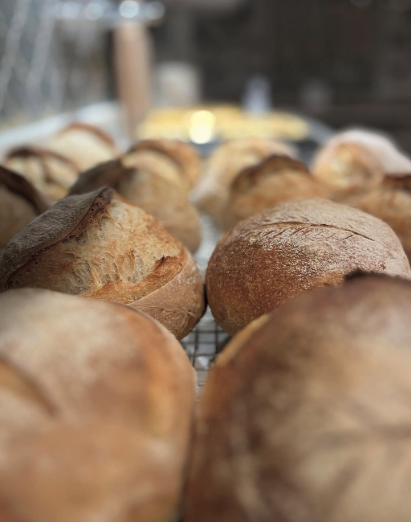 Fresh sourdough and kamut bread cooling on racks